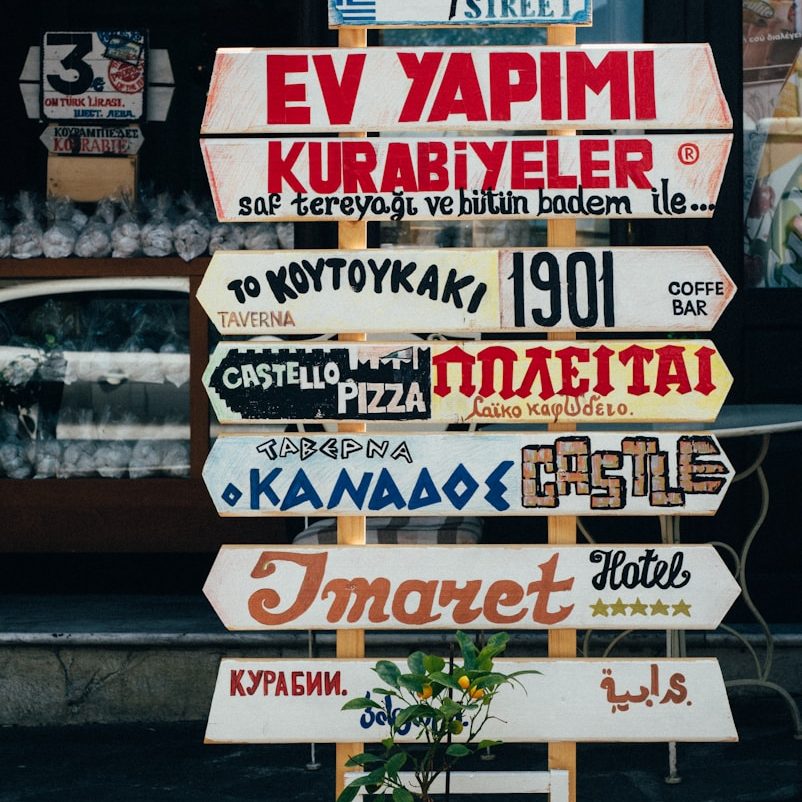 Panneaux de signalisation multilingues avec des noms de commerces et de plats.